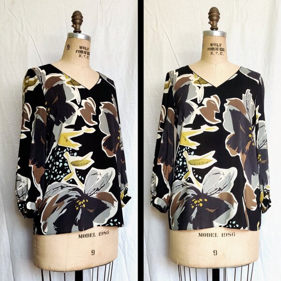 Lafayette 148 New York Black, Brown & Yellow Arnette Silk Floral Blouse XS - Picture 3 of 7